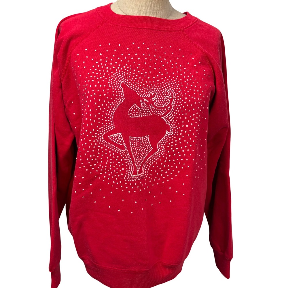 VTG Handmade Reindeer Red Sweatshirt Ivory Dots Women L Christmas Ugly Pullover